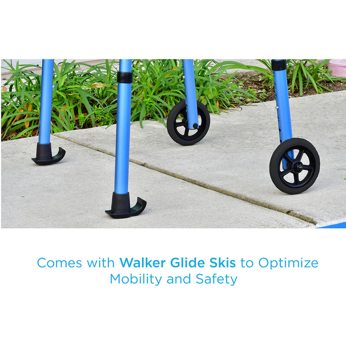 Blue Folding Walker with 5 Inch Wheels, Walker Skis, and Mobility Bag