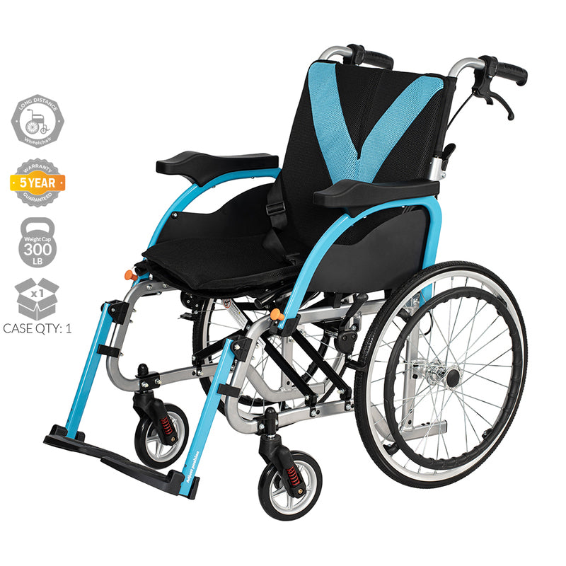 20" Lightweight Wheelchair with Flip-up Arms & Shock-absorbing Wheels (Blue)
