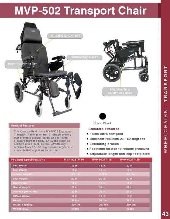 MVP502 Lightweight Ergonomic Reclining Transport Wheelchair