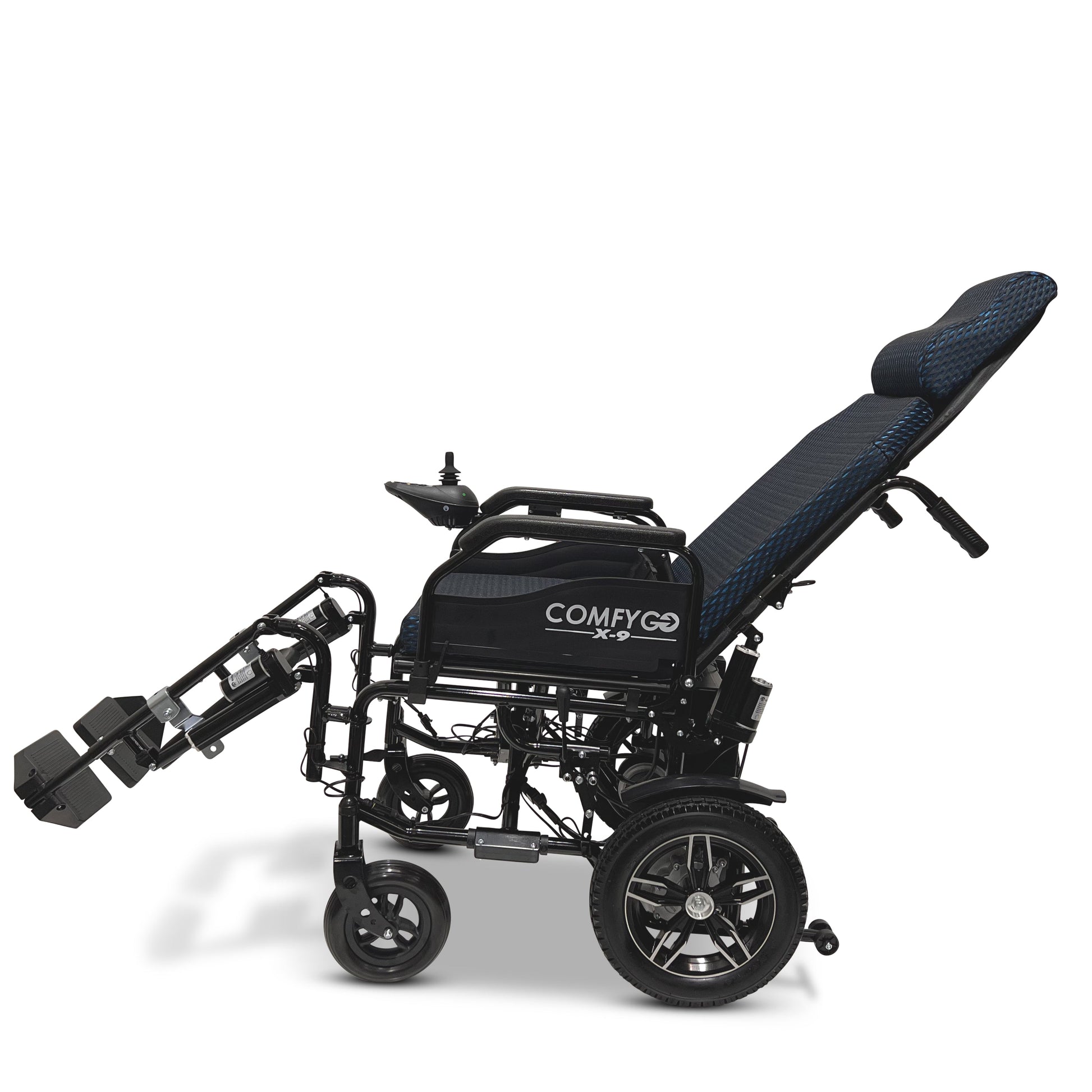 X-9 Remote Controlled Electric Wheelchair with Automatic Reclining Backrest and Lifting Leg RestsBlueUpto 10+ Miles (12AH li-ion Battery)