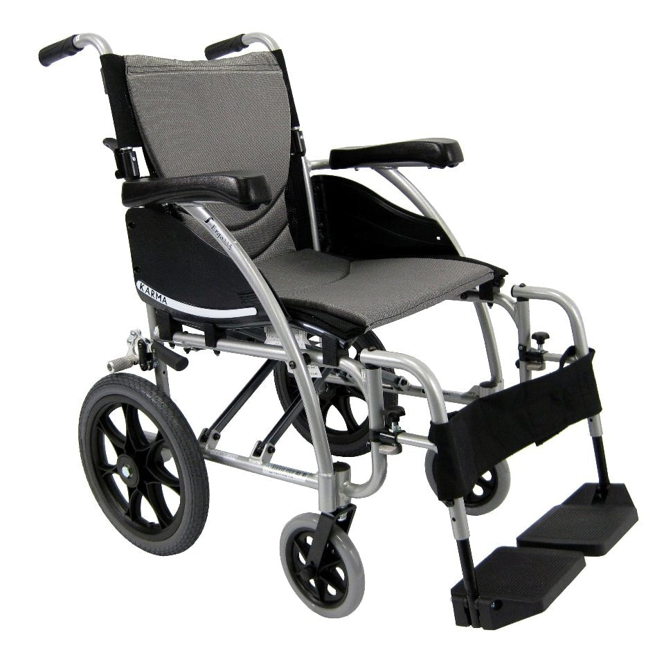 S-Ergo 115 Ergonomic Transport Wheelchair with Wire Break and Swing Away Footrest Silver16"
