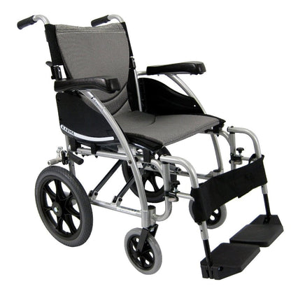 S-Ergo 115 Ergonomic Transport Wheelchair with Wire Break and Swing Away Footrest Silver16"