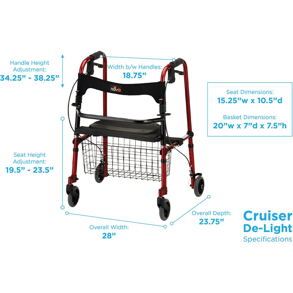 Cruiser De-Light Folding Rolling WalkerRedWithout Basket