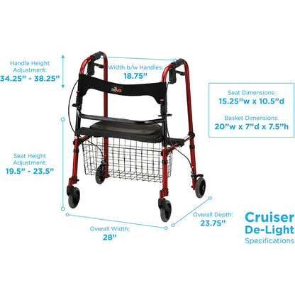 Cruiser De-Light Folding Rolling WalkerRedWithout Basket