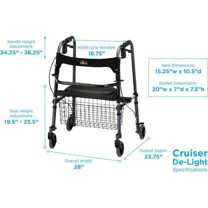Cruiser De-Light Folding Rolling WalkerBlueWith Basket