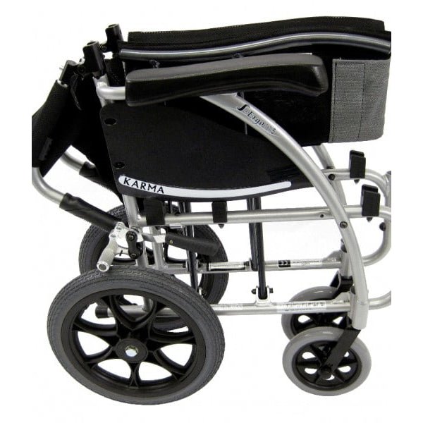 S-Ergo 115 Ergonomic Transport Wheelchair with Wire Break and Swing Away Footrest Silver16"