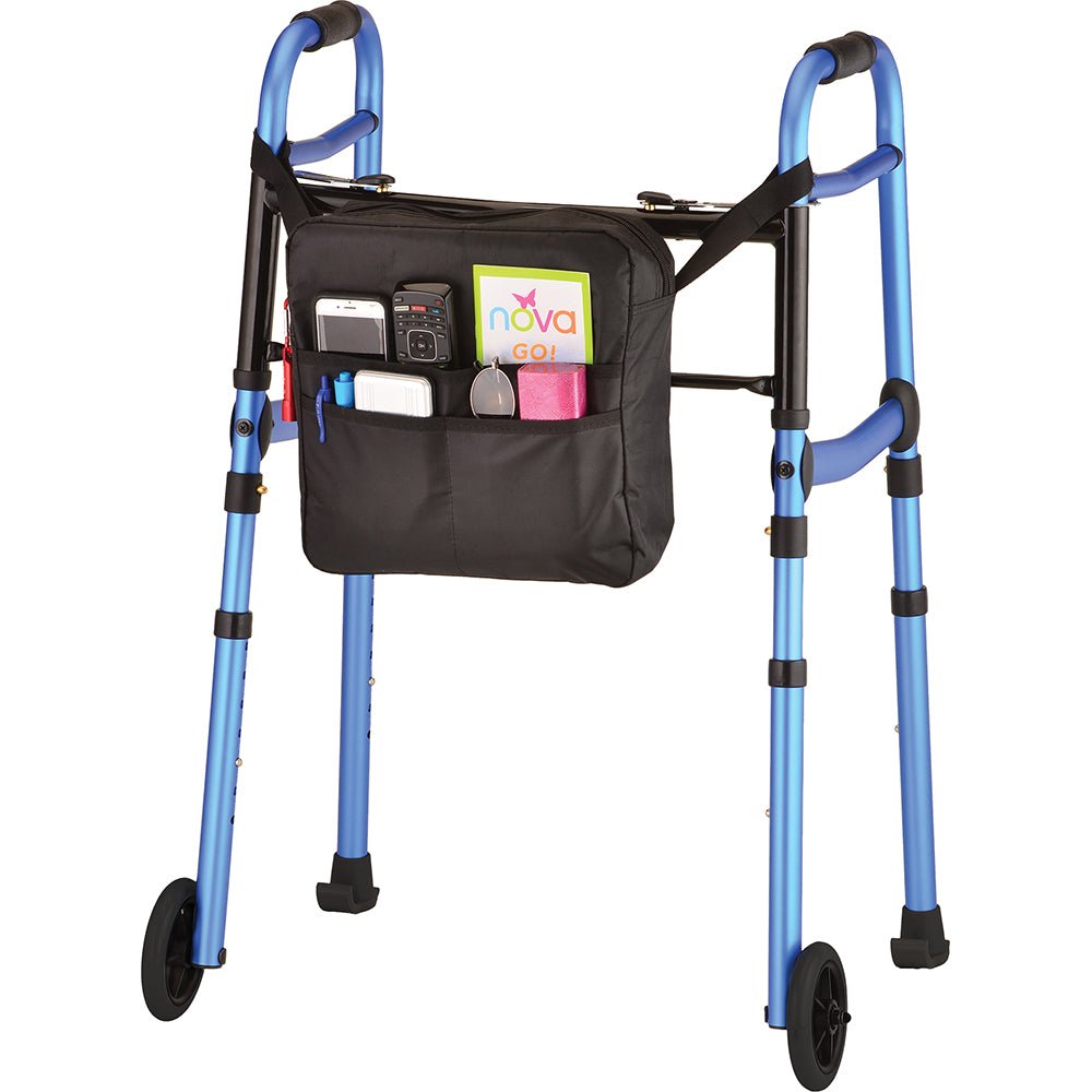 Blue Folding Walker with 5 Inch Wheels, Walker Skis, and Mobility Bag