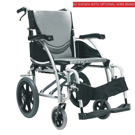 S-Ergo 115 Ergonomic Transport Wheelchair with Wire Break and Swing Away Footrest Silver16"